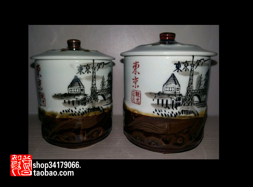 (Arts and Crafts Ceramic) Japan Tokyo sightseeing commemorative hand-painted relief soup to swallow the tea cup (lovers to the cup)