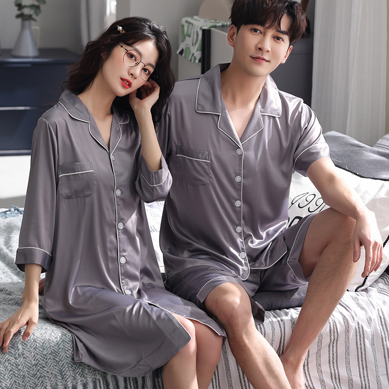 Japanese couple pajamas women's summer thin ice silk nightdress men's large size Silk Home suit cardigan short sleeve set