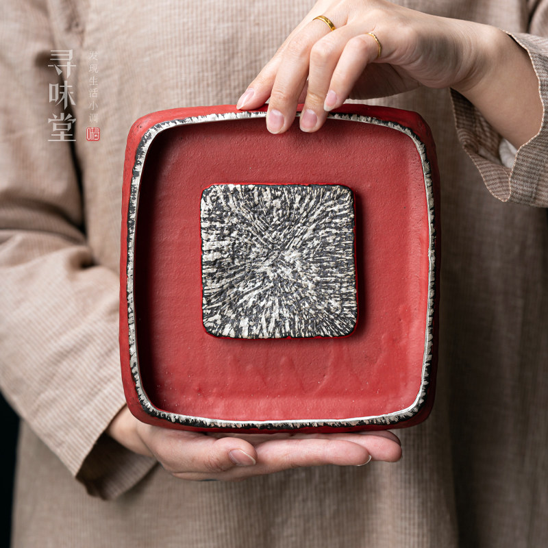 Tomatoes red silver color handmade square pot bearing | upscale retro Forbidden City Red Pot Trays Ceramic Dry Foam Pongfu Tea Furniture-Taobao