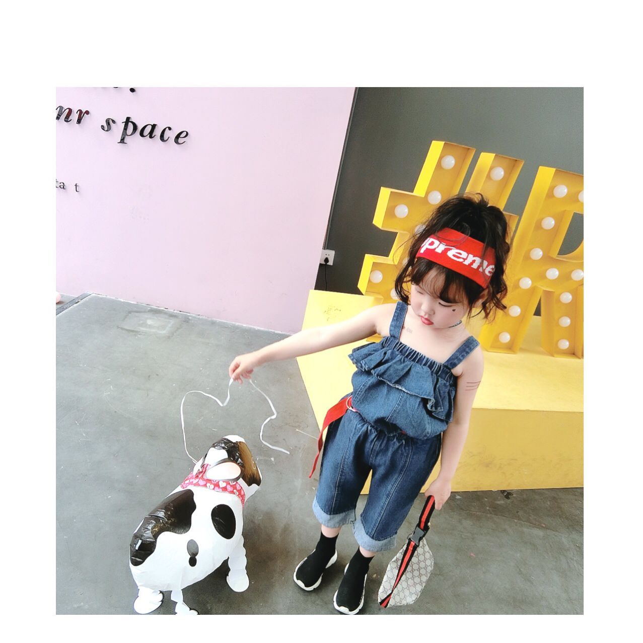 7bao không trở về mà không thay đổi bộ đồ denim trẻ em bé gái xù lông màu sắc phù hợp với chín chiếc quần hai bộ thủy triều đồ sơ sinh