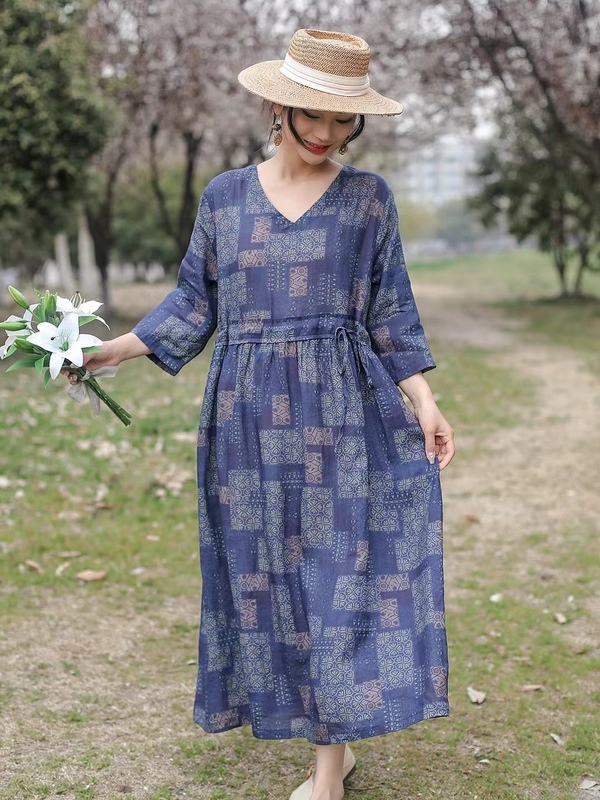 Yc32412 Finely Crafted Unlined V-Neck Ramie Printed Dress, Loose Fit, Plus Size, Casual, Fashionable, Simple Drawstring
