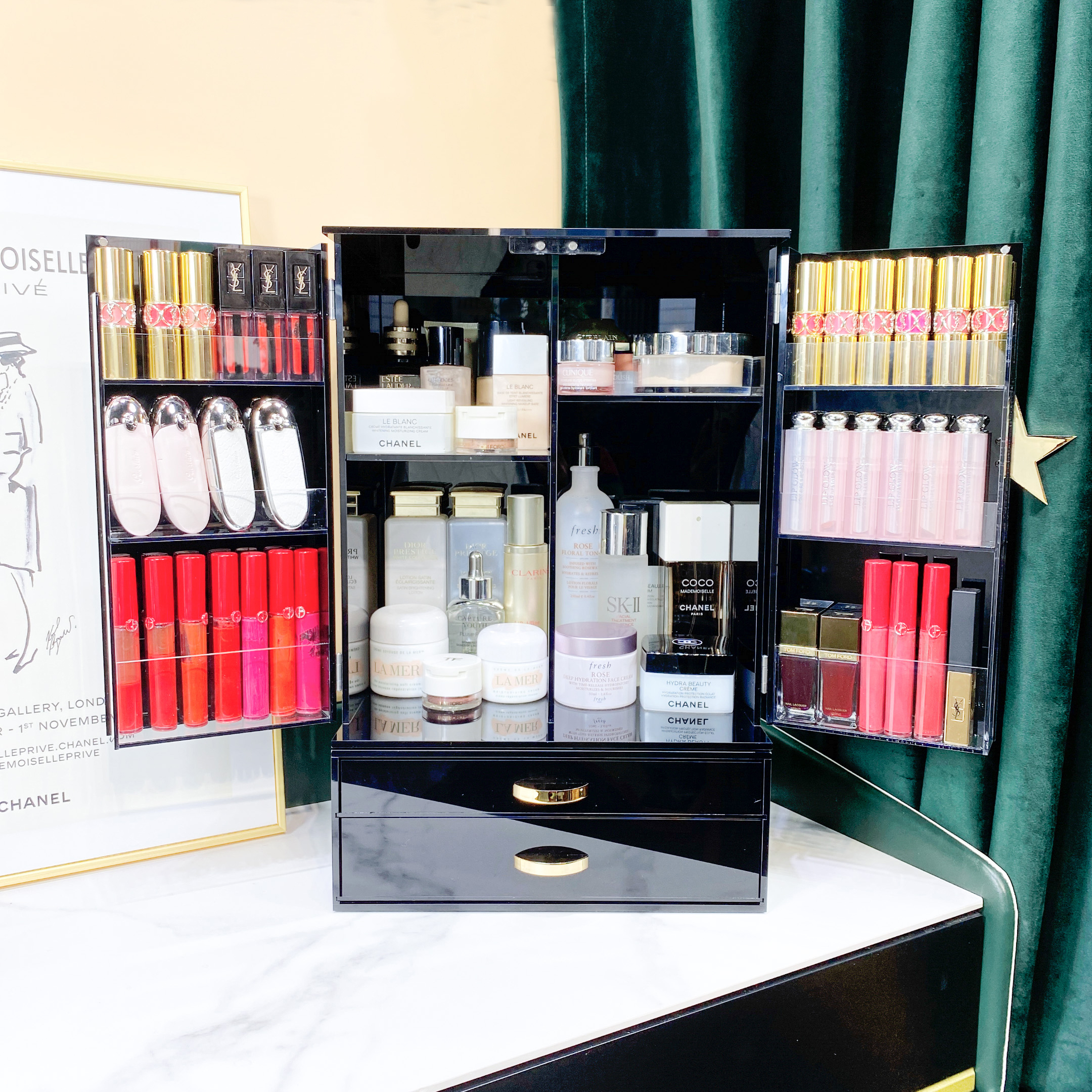 Mouth Red Color Makeup Containing Box Cabinet Upscale Black White Acrylic Double Door Anti-Dust Opposites Lipstick Lip Glazed Containing Layer Shelf