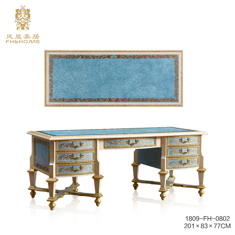 Julianfa-style European-style extravagant full solid wood blue and white applique gold leaf engraving sketching gold book room book table and chairs bookcase