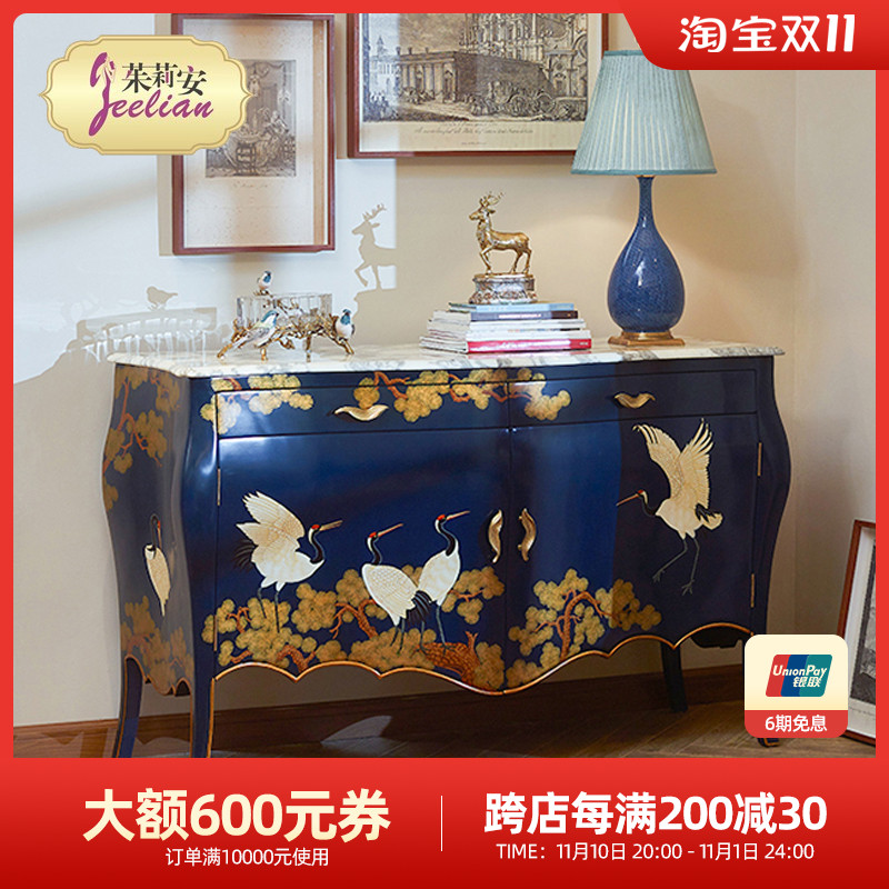 Julianne retro Chinese style living room home porch cabinet French solid wood hand-painted pine crane marble storage cabinet