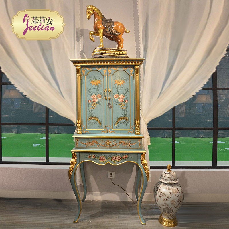 Julian Law-style European-style extravagant green Decorative Cabinet Solid Wood Multilayer Hand-painted Gold Leaf made of old high-footed cabinets