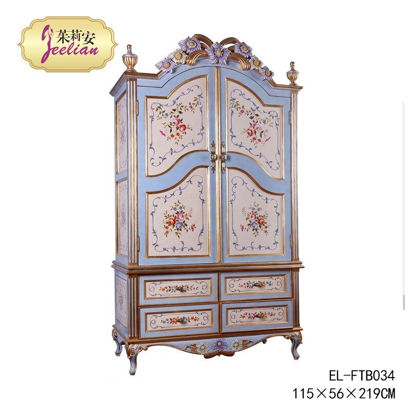 Yi Lian family European style Italian real retro romantic blue purple carved heavy industry hand-painted French solid wood double door with pumping wardrobe