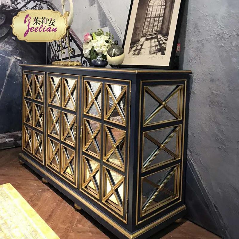 American country luxury solid wood living room retro silver mirror three-door porch cabinet gold foil ancient blue side cabinet decorative cabinet
