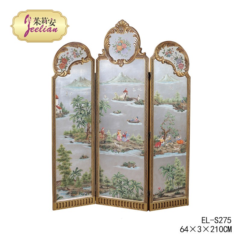 Julianne European solid wood carved gold foil frame folding screen Silver foil bottom hand-painted Western landscape characters single-sided screen