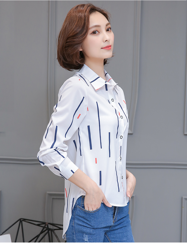 VK旗艦店 韓國風修身條紋翻領前短后襯衫長袖上衣