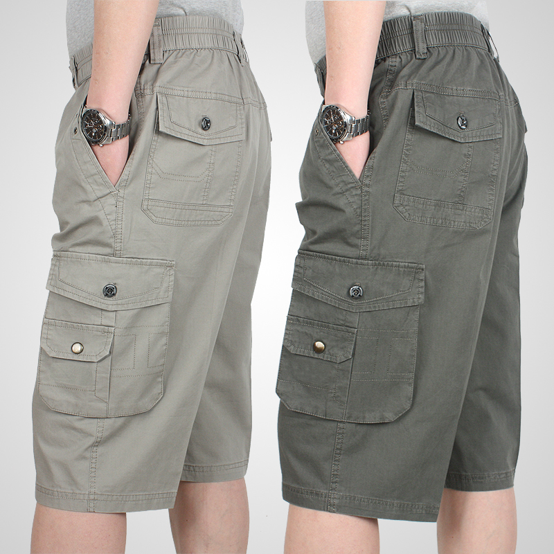 Pure Cotton Loose-Fitting Cropped Pants for Men, Summer Shorts with Elastic Waist, Casual Mid-Length Pants for Middle-Aged and Elderly Men, Full Cotton Large Size Breeches
