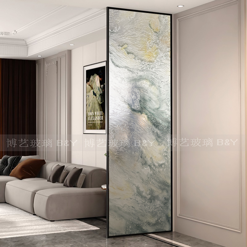 Art Glass Partition for Entryway, Modern Abstract Light Luxury Handmade Relief, Light-Transmitting, for Living Room, Bathroom, Dry Area, Shoe Cabinet