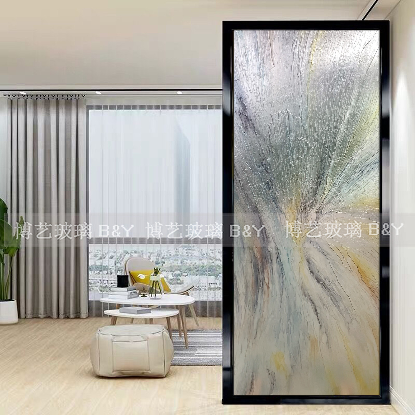 Art glass porch simple light luxury modern deep carving texture double-sided tempered partition screen shoe cabinet toilet