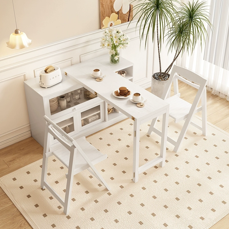White Solid Wood Foldableing Dining Table and Sideboard Integrated Household Multi-Functional Telescopic Bar Small Apartment Rotating L Table