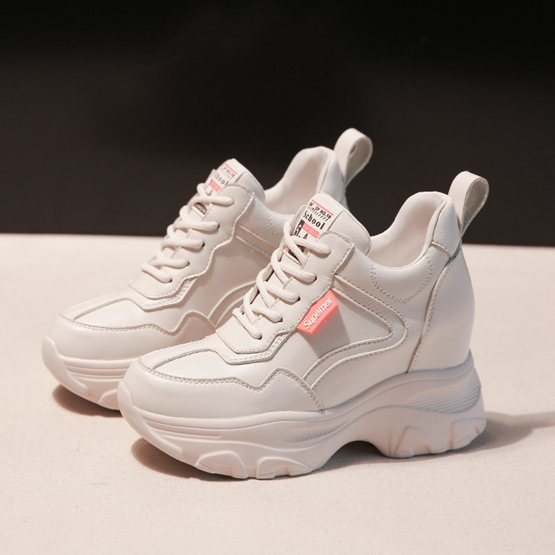 South Korea Heightening Women's Shoes 2022 Spring Autumn New Sports High Cylinder Small White Shoes Net Red 100 Hitch Genuine Leather Old Daddy Shoes Woman