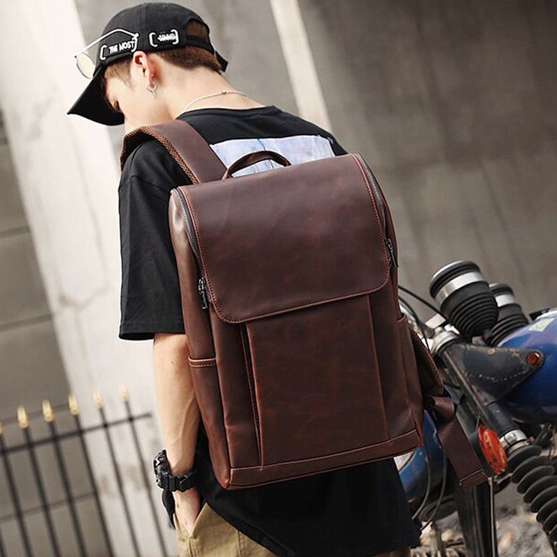 Men's double shoulder bag Men's large capacity crazy Horse leather backpack Women's Korean version of the tide school bag Middle school computer bag travel bag