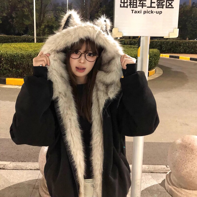 Black down Cotton Jacket for Women 2025 Winter New Model with Cat Ear Hood, Thickened Cotton Coat, Trendy Outerwear