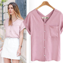 Summer AliExpress Amazon Explosive Top Round Neck Cotton Shirt Shirt Tide Straight Regular Solid Color Wild V-neck