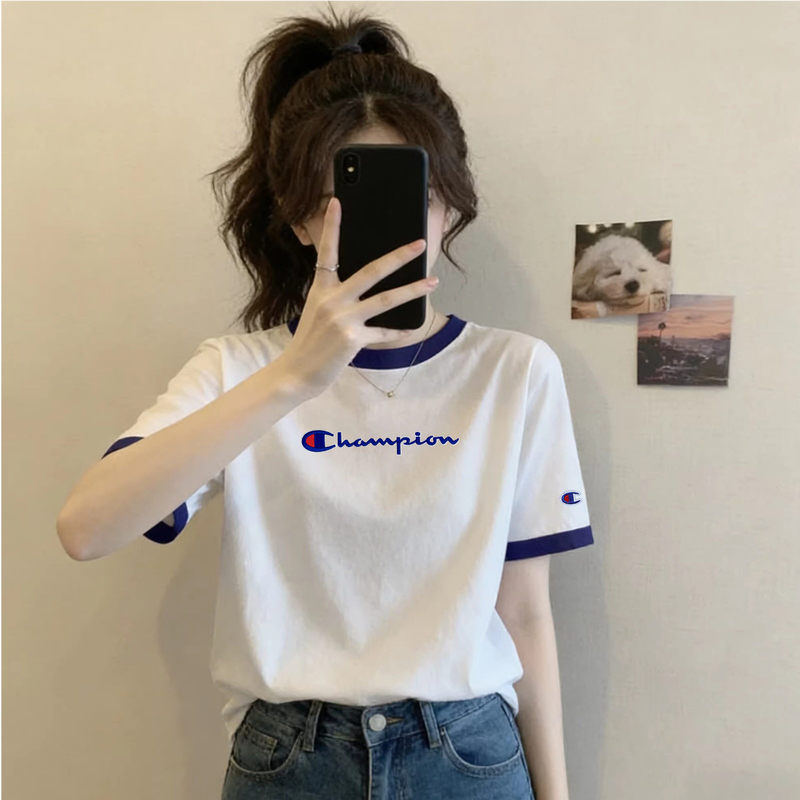 Japanese Version Champion Color-Block Short-Sleeve T-Shirt for Women 2026 Summer New White Pure Cotton Versatile Casual Top