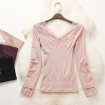 Autumn winter thin womens thermal underwear lace cuffs V-neck knitted base shirt one-piece tunic autumn clothes