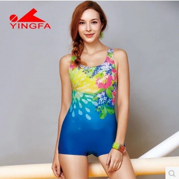 Brand Yingfa Hot Spring Large Size Digital Swimwear Women's Conservative Thin One-Piece Boxer Y1669 Blue Yellow Color
