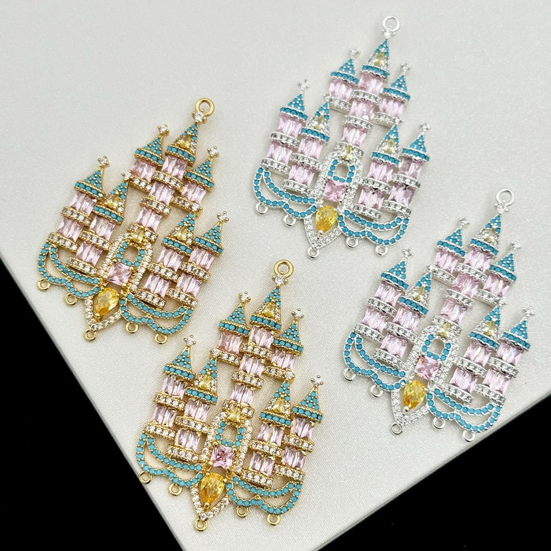 Gold-Plated Copper Micro-Inlaid Zircon European and American Retro Light Luxury Castle 32*53mm Pendant Necklace Earrings DIY Jewelry Accessories