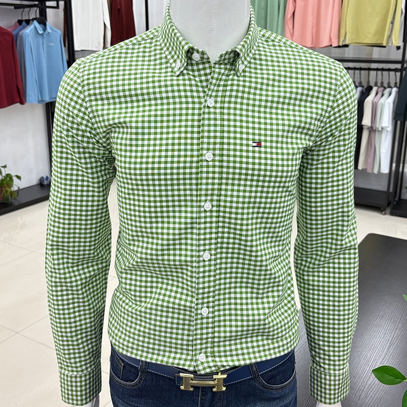 Ole Tommy Men's Long-Sleeved Shirt Spring and Autumn Pure Cotton Small Plaid Solid Color Versatile Casual Shirt for Young and Middle-Aged People