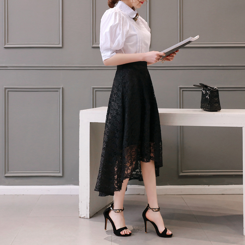 Lace Skirt for Women, Elegant Spring and Summer Black Asymmetrical A-Line Skirt with Short Front and Long Back, Draped Fishtail Skirt with a Sense of Style Lace Skirt for Women, Elegant Spring and Summer Black Asymmetrical A-Line Skirt with Short Front and Long Back, Draped Fishtail Skirt with a Sense of Style