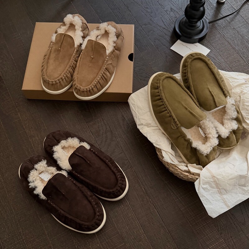 Winter Sheepskin Integrated Loafers for Women, Sangpo Warm Snow Boots, Slip-On Mules, Fleece-Lined Wool Loafers