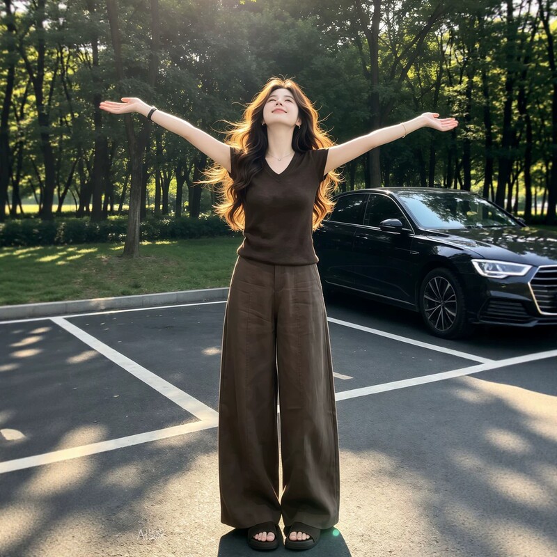 Summer Outfit: a Complete Set of Brown Short-Sleeved Knitted Tops and Wide-Leg Pants, Korean Retro Style Suit for Women