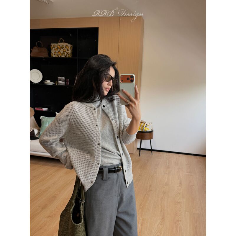 Rrb Design Custom Woven Yarn 100% Cashmere Hollow Mesh Texture Baseball Jacket Sweater Coat Rrb Design Custom Woven Yarn 100% Cashmere Hollow Mesh Texture Baseball Jacket Sweater Coat