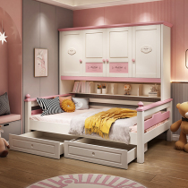 Solid wood wardrobe bed integrated small apartment princess bed girl bedroom powder set combination against the wall over function childrens bed
