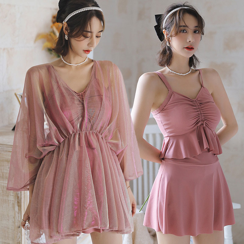 Long-sleeved large size meat-covering swimsuit female fairy fan 200 catties fat mm slim sexy hot spring swimming suit three-piece set