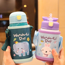  Dual-use straw cup double cover Childrens size student drinking water with scale 304 stainless steel thermos kindergarten