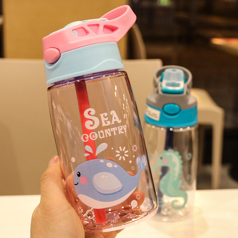 Children's sports water bottle plastic cup cartoon cute pupils portable straw cup duckbill anti-choking bomb cover anti-fall cup