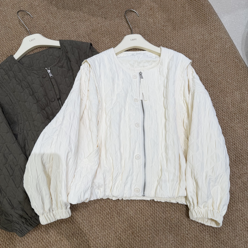 Autumn European Style Lb9503 Minimalist Round Neck Zipper Button Waffle Pressed Cotton Thin Cotton Jacket Coat for Women Autumn European Style Lb9503 Minimalist Round Neck Zipper Button Waffle Pressed Cotton Thin Cotton Jacket Coat for Women