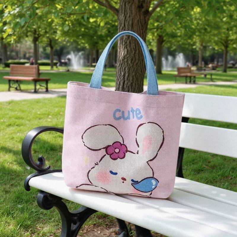 2026 High-Fashion Canvas Bag Pink Bunny Handbag Small Square Bag Stylish Casual Cute Tote Bag