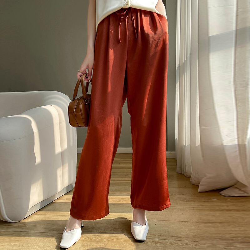 Silk Satin 2026 Spring/Summer New Women's Wide-Leg Pants with Hidden Floral Pattern, Slimming, Versatile, Lightweight, Cool Straight-Leg Long Pants