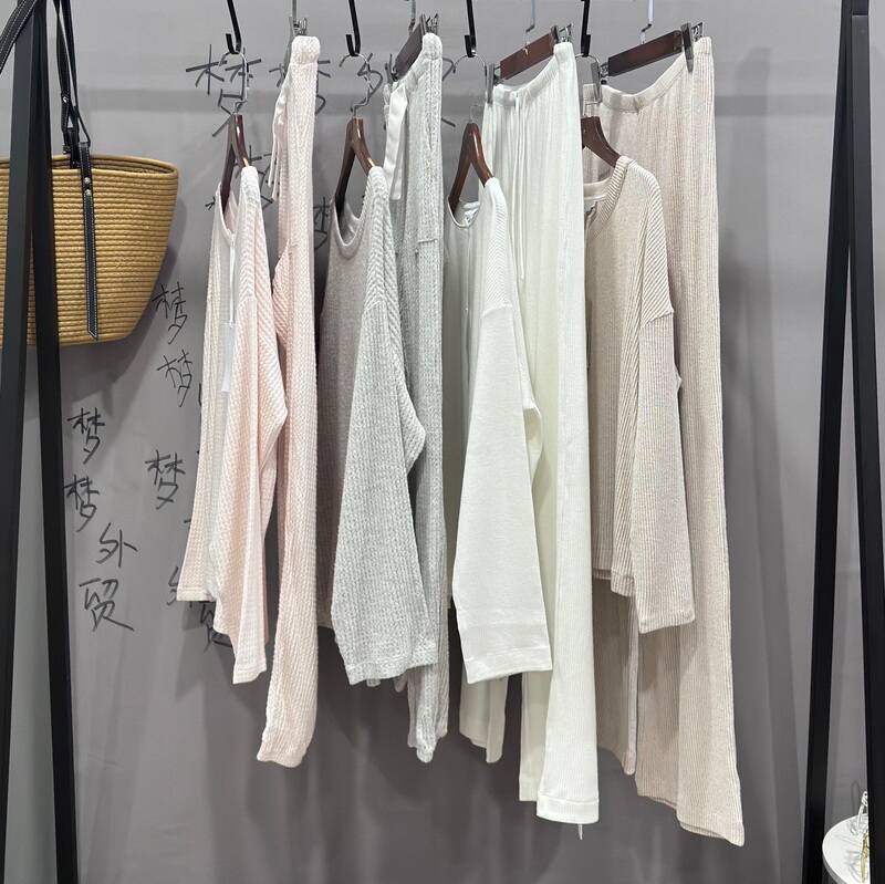 Foreign Trade Single Order Uk G-Grade Pajamas, Knitted Brushed Loose Top, Waffle Grid Vertical Stripe Home Pants for Women, Spring and Autumn