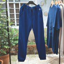 Male and female lovers Merlinu wool Indigo blue Winter thickened with velvety speed dry and warm casual long pants