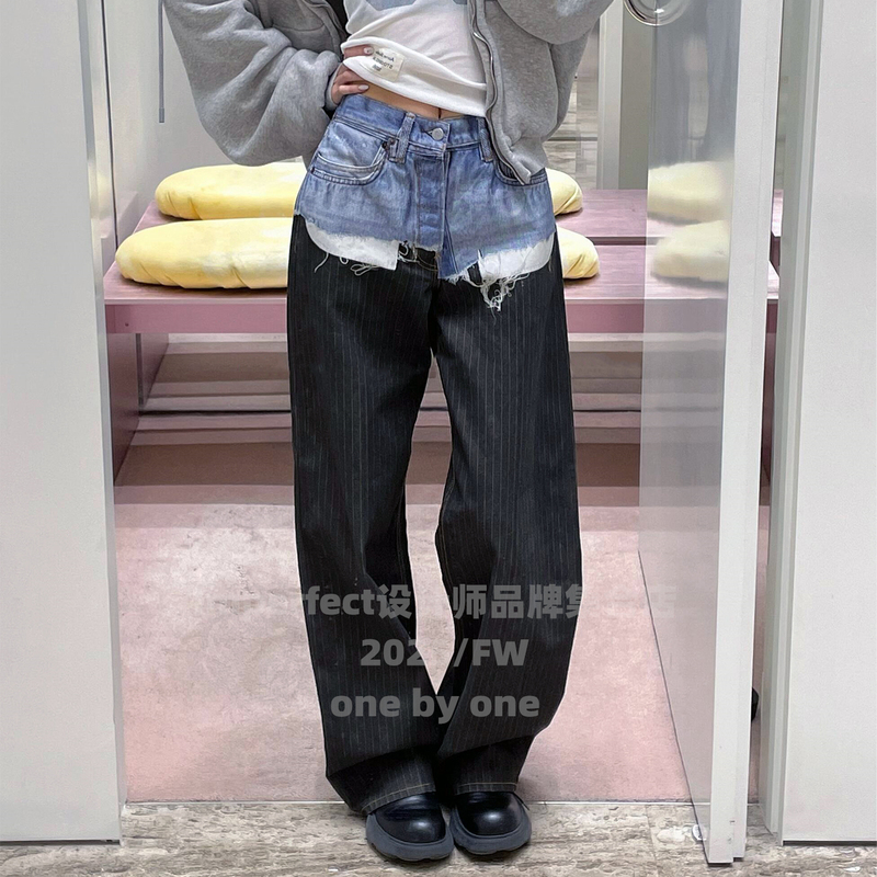 Imperfect Originally Planned ▶ Nanyou a Retro Distressed Patchwork 3D Printed Striped Faux Two-Piece Wide-Leg Jeans for Women