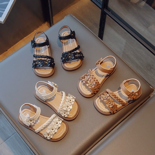 Сандалии, летняя детская нескользящая обувь для принцессы, в цветочек, в корейском стиле, мягкая подошва