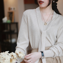 Zhao style is very WY cashmere sweater reputation light luxury detachable ribbon V-neck sweater sweater
