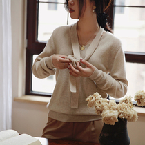 Zhao style is very WY cashmere sweater reputation light luxury detachable ribbon V-neck sweater sweater