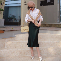 Zhao style dark flash streamer special acetic acid fabric satin elegant drop high waist A long skirt