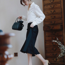 Zhao style heavy silk drop has a shape 45 degree oblique cut simple slim black skirt