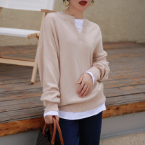 Zhao type exquisite lazy 10 cashmere 90 wool small opening v collar loose comfortable big sweater
