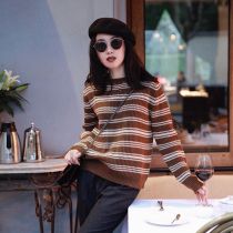 Zhao style shop owner pushes strong love chocolate senseless wool cashmere round neck three-dimensional striped sweater