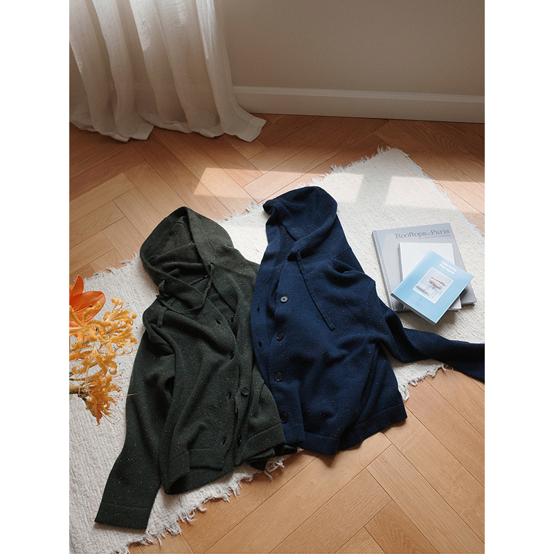 Zhao Kuan Kuan Agate Green and Blue Chalcedony Monet Art Style Yarn Hooded Cardigan Sweater Cashmere Sweater