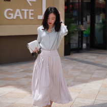 Zhao type heroine simulation silk fabric thin metal buckle solid color Morandi color pleated skirt
