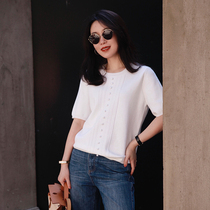 Zhao type word-of-mouth light luxury Consini cotton cashmere buckle design comfortable short sleeve commuter sweater